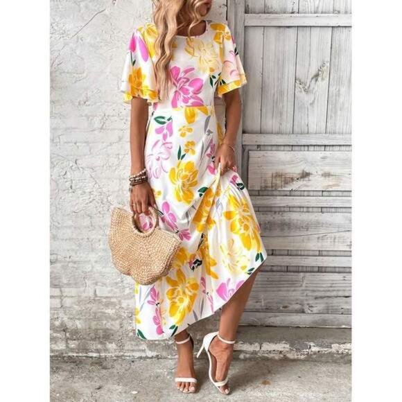 New Women's French Floral Printed Ruffled Short Sleeve Round Neck Dress Max - Picture 3 of 6